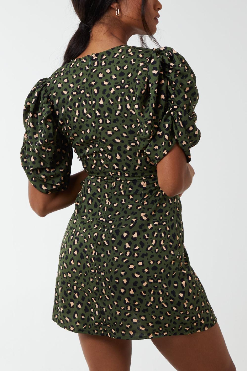 Qed London Animal Ruched Sleeve Wrap Mini Dress