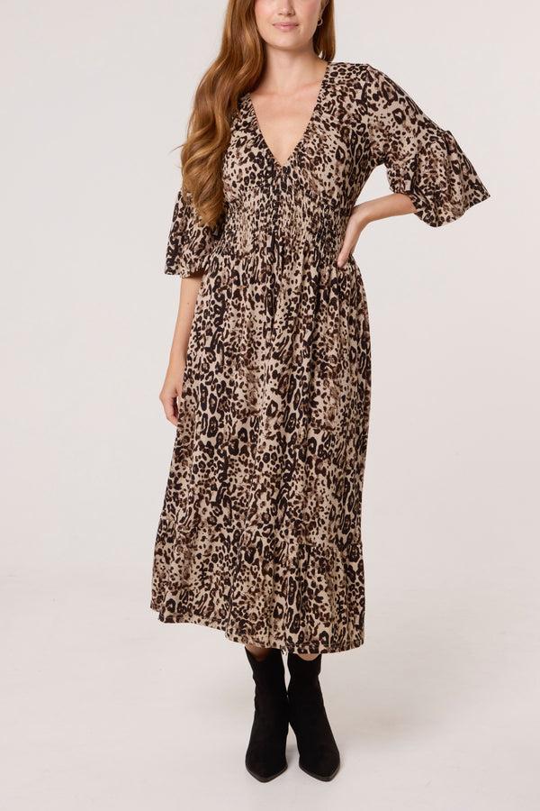 qed london Animal V-Neck Shirred Stretch Dress