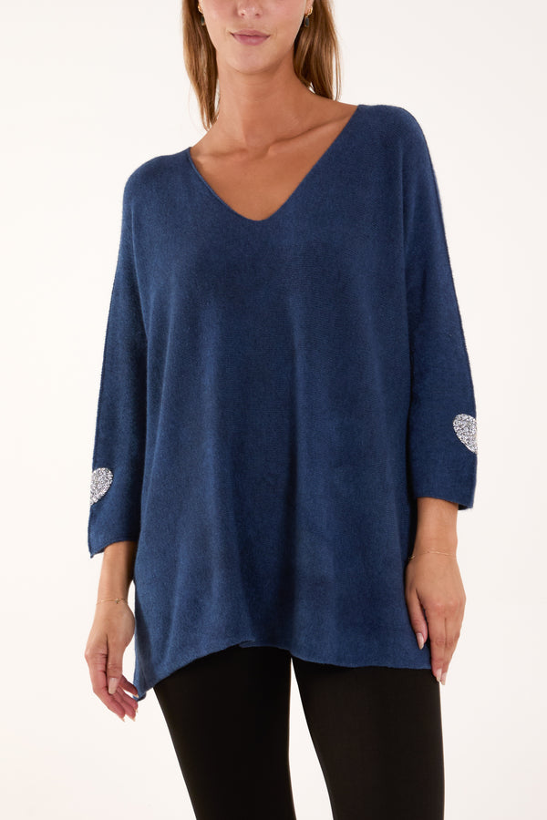 Qed London Appliqued Hearts Sleeves V-Neck Jumper