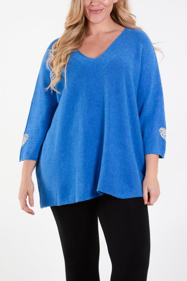 qed london Appliqued Hearts Sleeves V-Neck Jumper