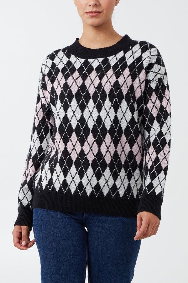 qed london Argyle Check Crewneck Jumper