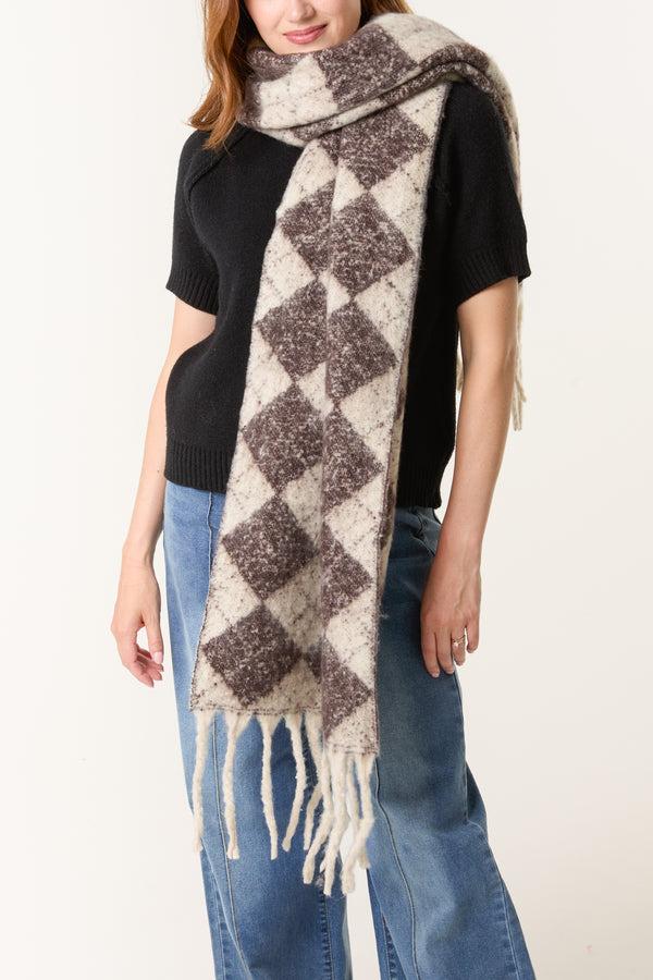 qed london Argyle Fluffy Knit Tassel Scarf