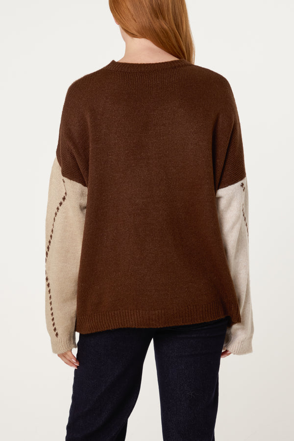 Qed London Argyle Round Neck Jumper