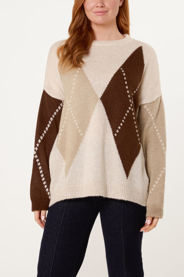 Qed London Argyle Round Neck Jumper