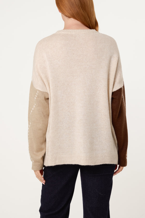 Qed London Argyle Round Neck Jumper