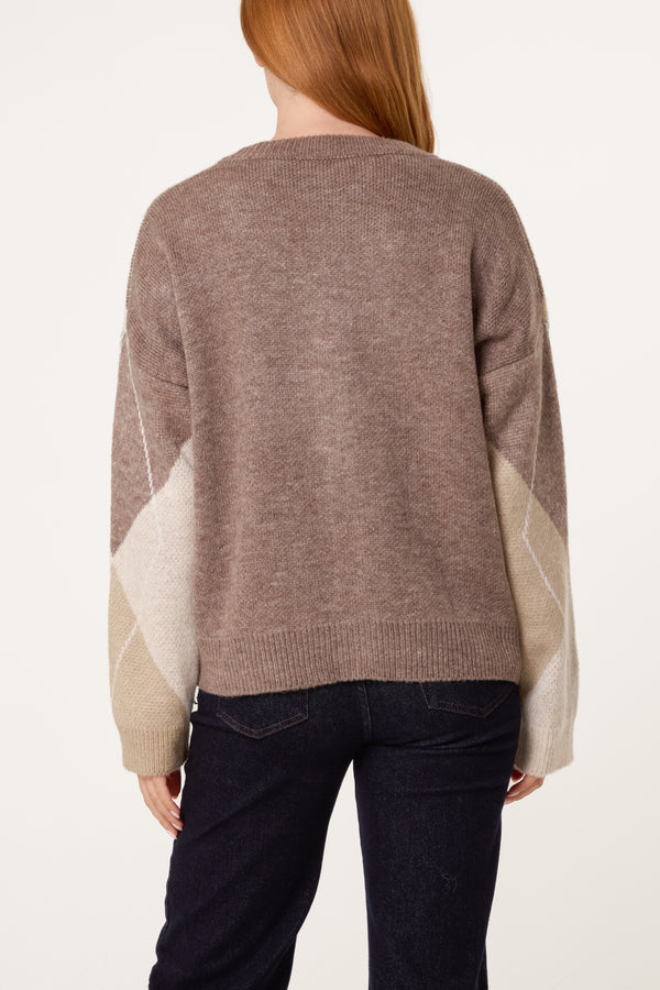 Qed London Argyle V-Neck Cardigan