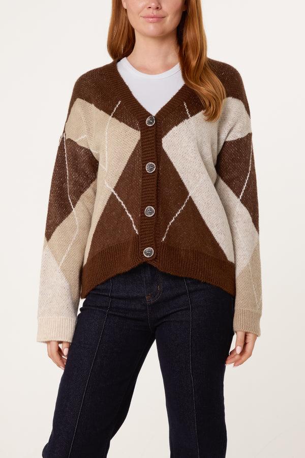 Qed London Argyle V-Neck Cardigan