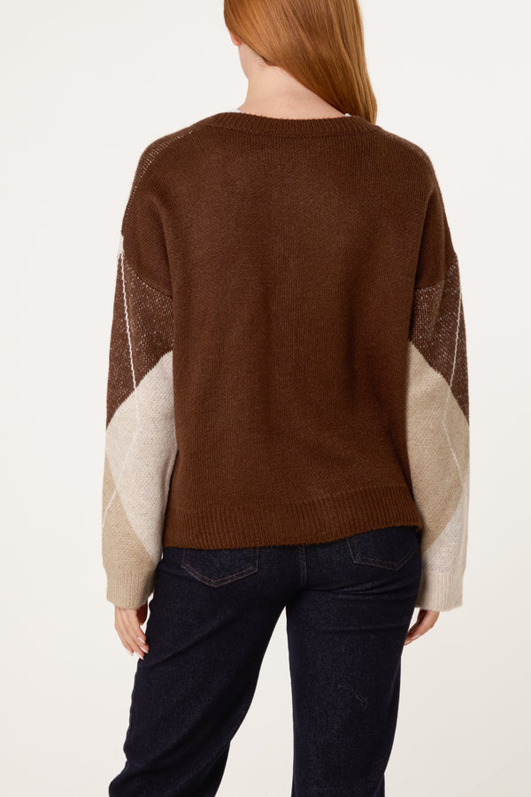 Qed London Argyle V-Neck Cardigan