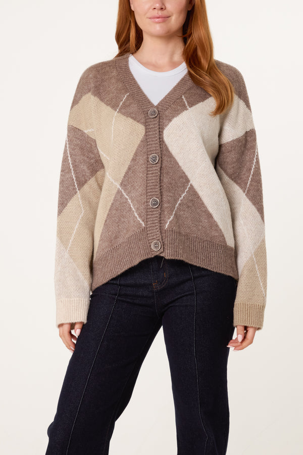 qed london Argyle V-Neck Cardigan