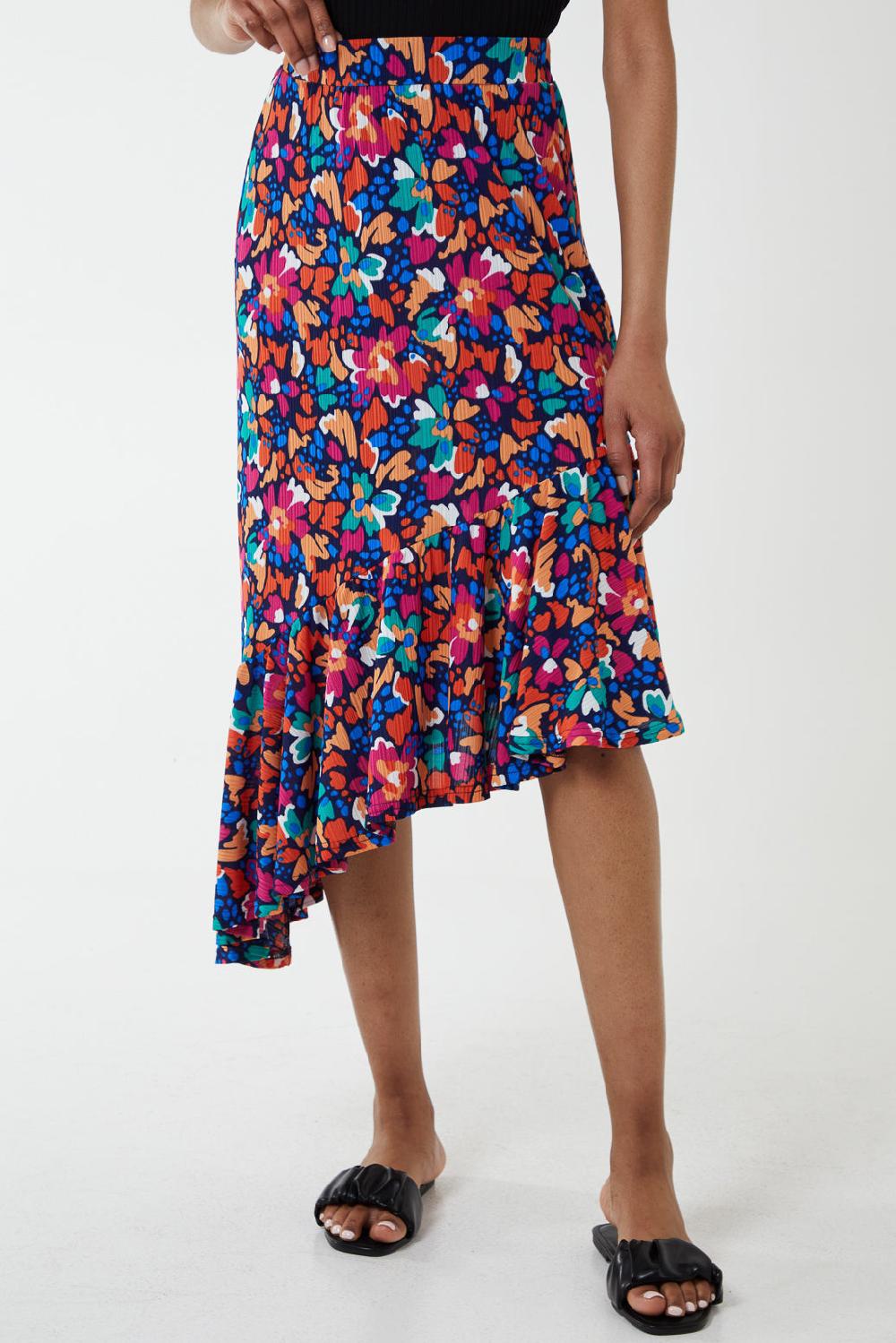 qed london Asymmetric Floral Midi Skirt