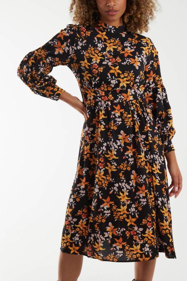 Qed London Autumnal Floral High Neck Midi Dress
