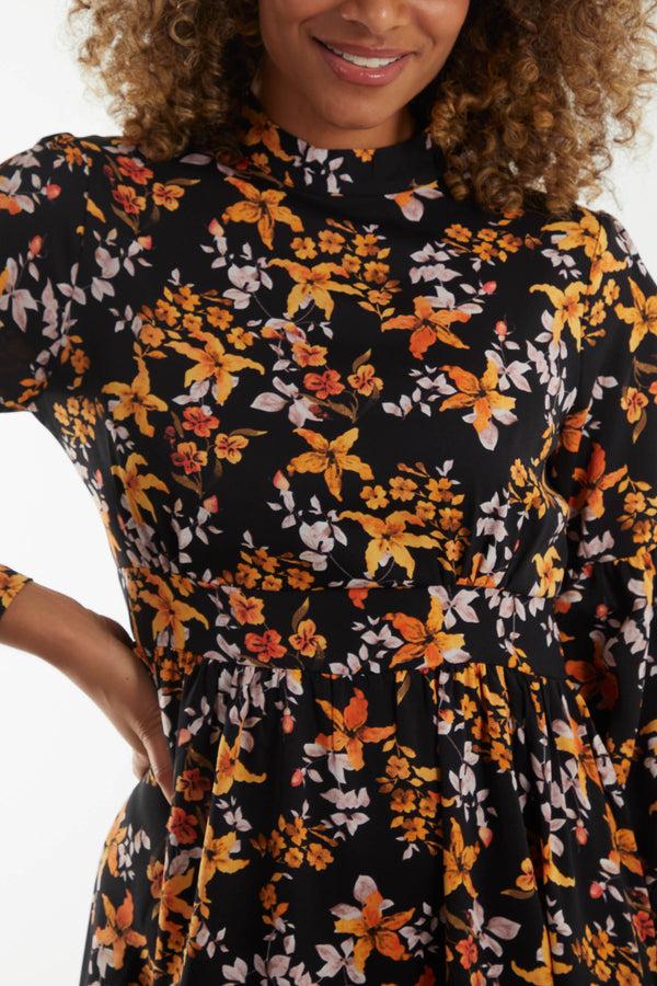 Qed London Autumnal Floral High Neck Midi Dress