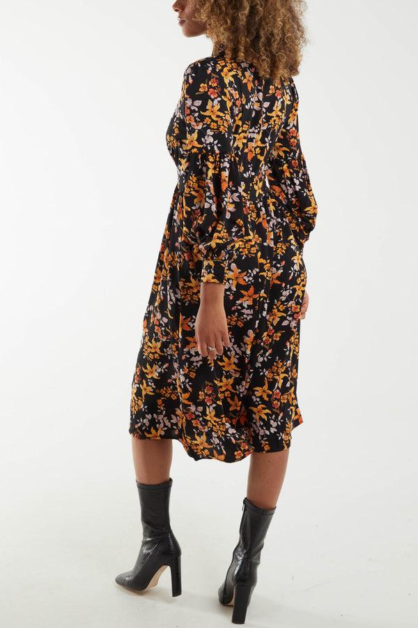 Qed London Autumnal Floral High Neck Midi Dress