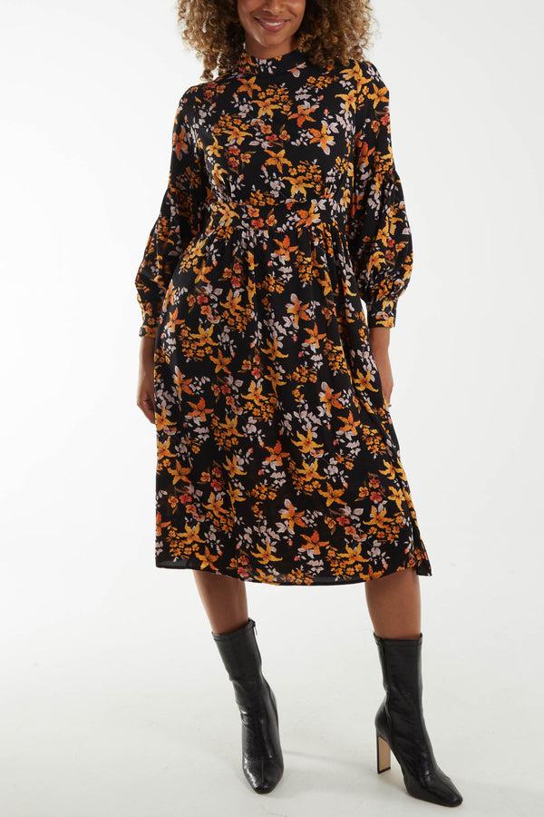 qed london Autumnal Floral High Neck Midi Dress