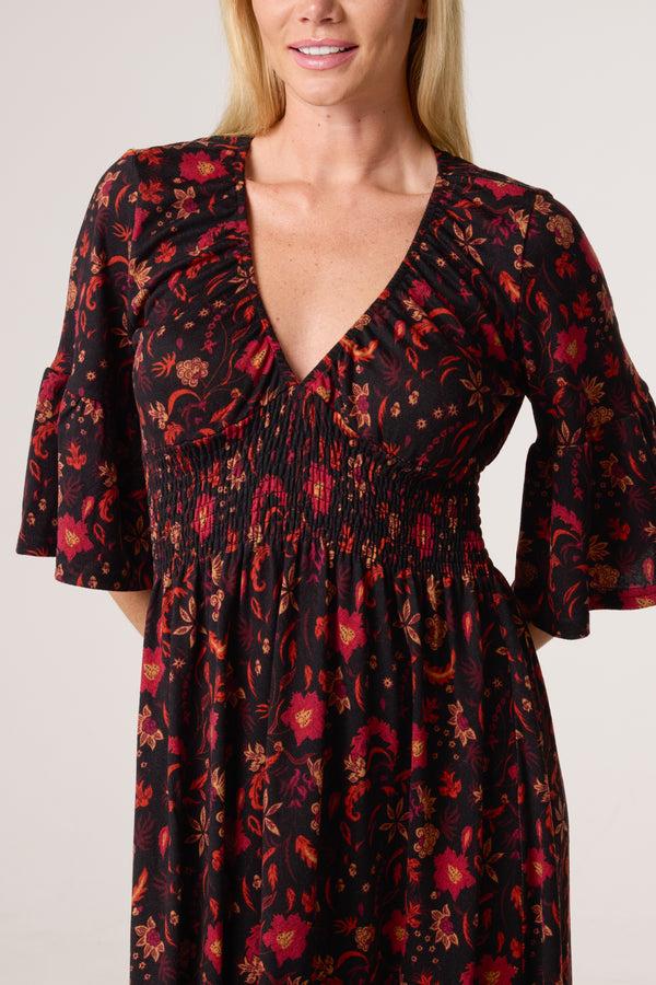 Qed London Autumnal Flowers V-Neck Elastic Dress