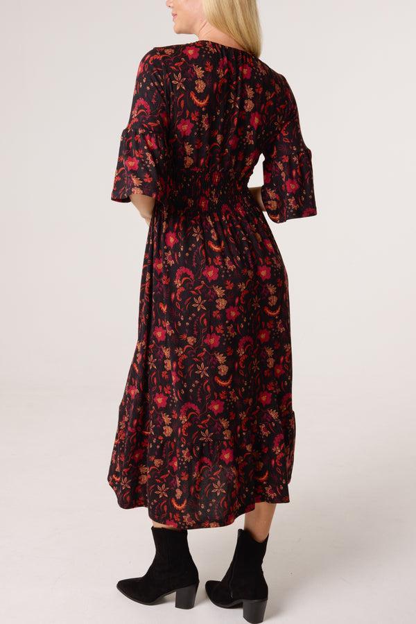 Qed London Autumnal Flowers V-Neck Elastic Dress