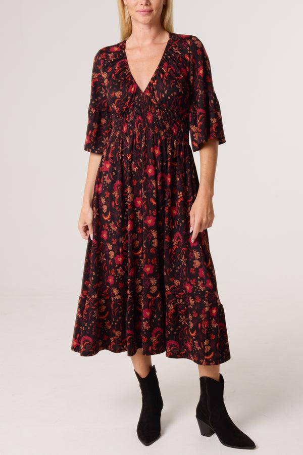 qed london Autumnal Flowers V-Neck Elastic Dress