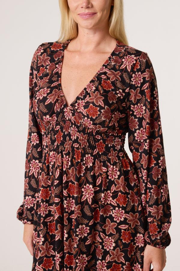 Qed London Autumnal V-Neck Shirred Stretch Dress