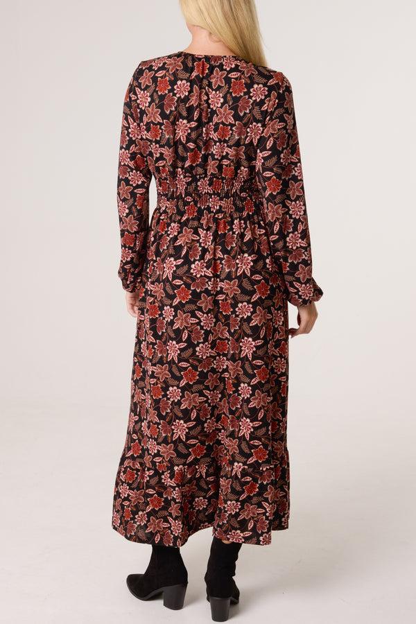 Qed London Autumnal V-Neck Shirred Stretch Dress