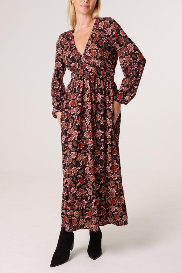 qed london Autumnal V-Neck Shirred Stretch Dress