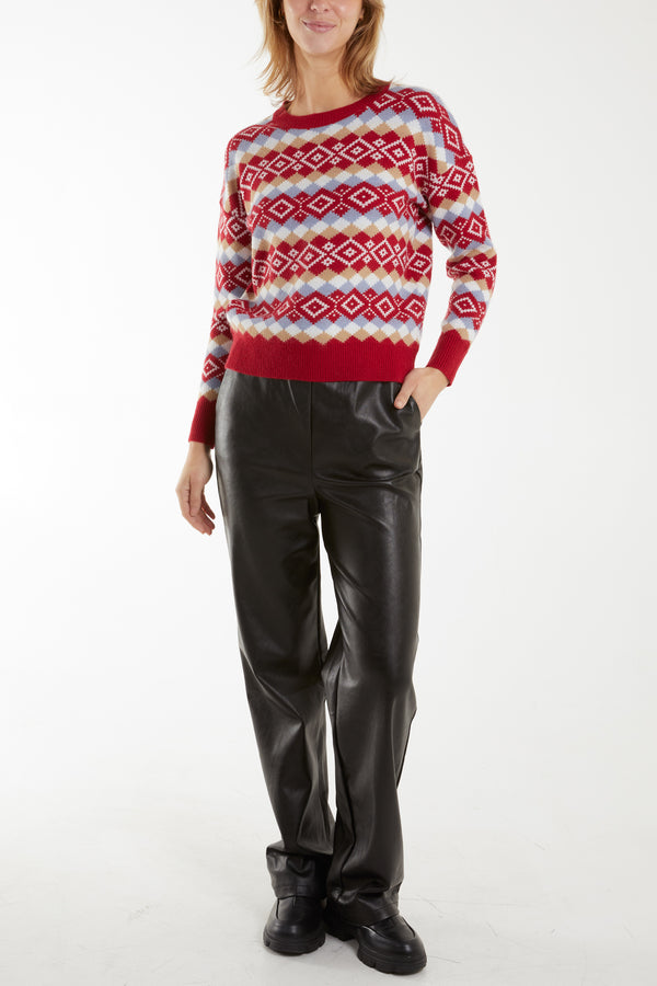 Qed London Aztec & Argyle Crew Neck Jumper