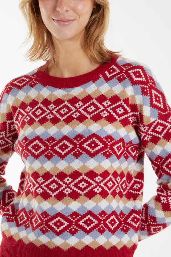 Qed London Aztec & Argyle Crew Neck Jumper