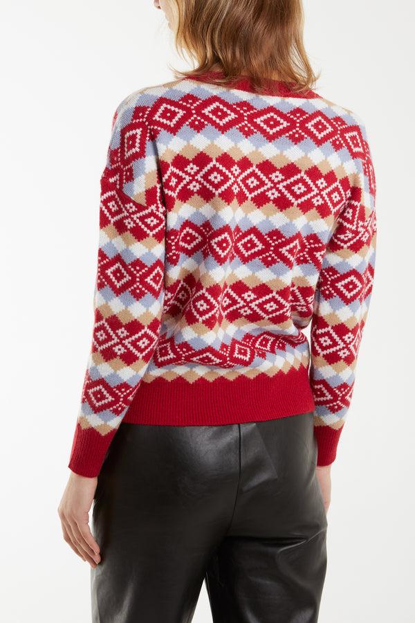 Qed London Aztec & Argyle Crew Neck Jumper
