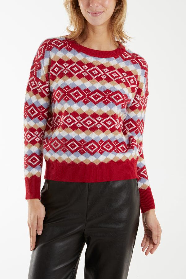 qed london Aztec & Argyle Crew Neck Jumper