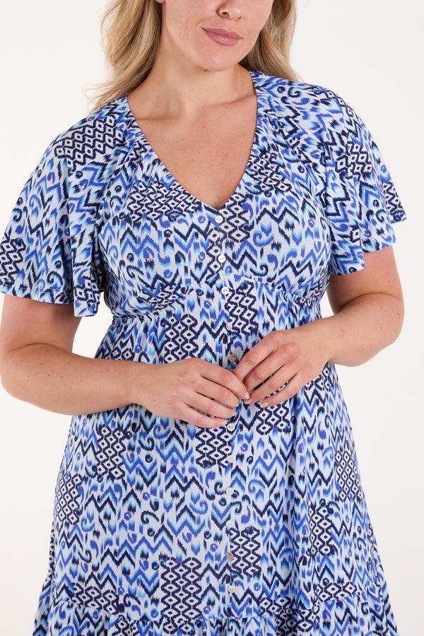 Qed London Aztec Button-Through Flutter Mini Dress