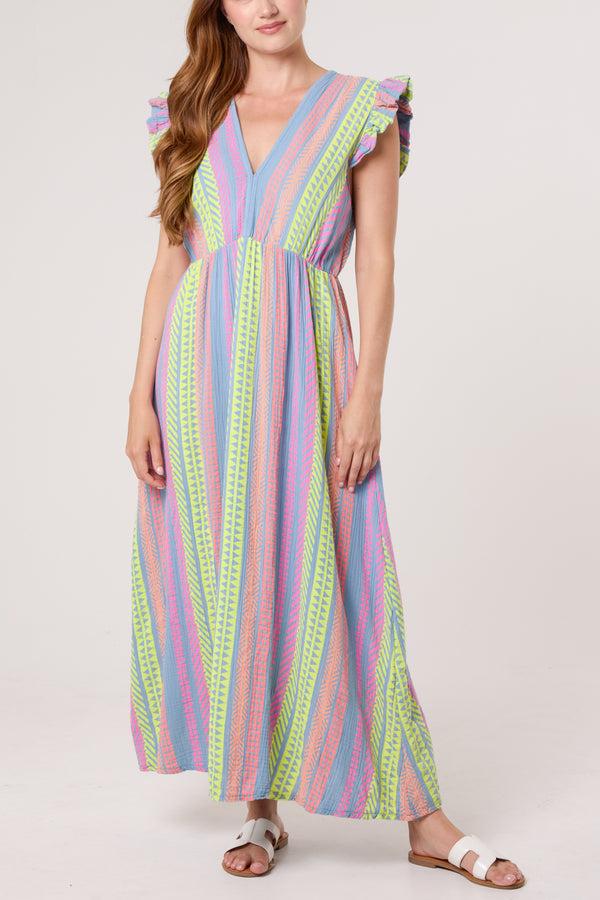 Qed London Aztec Print Frill Sleeve Cotton Dress