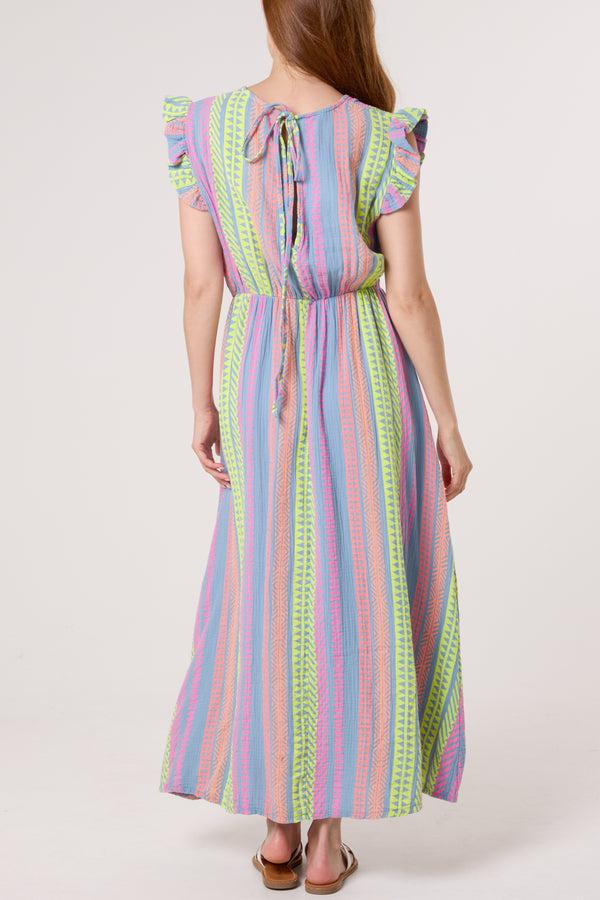 Qed London Aztec Print Frill Sleeve Cotton Dress