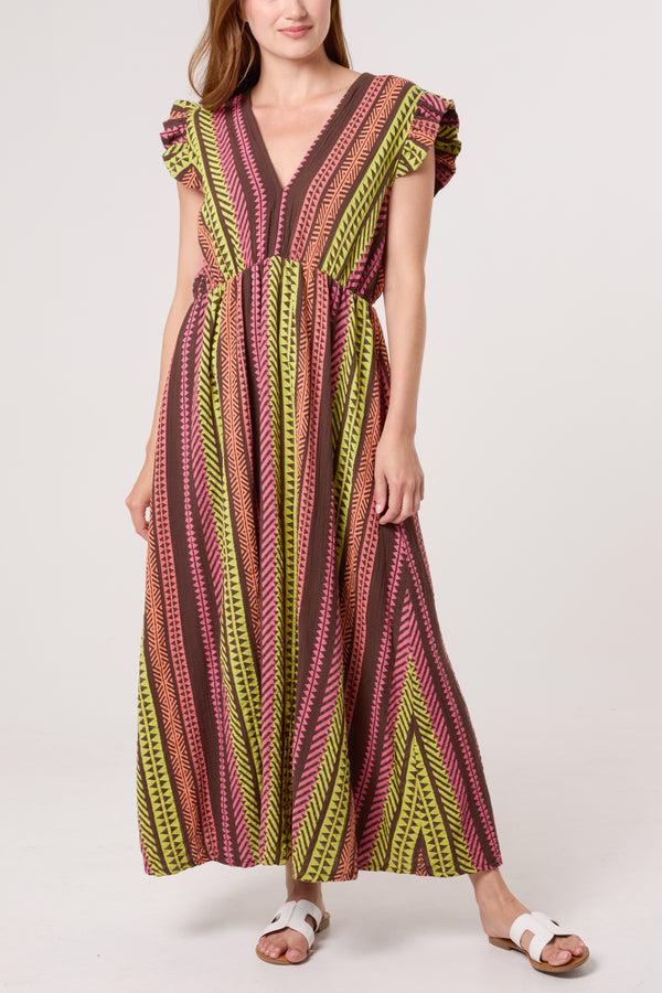 qed london Aztec Print Frill Sleeve Cotton Dress