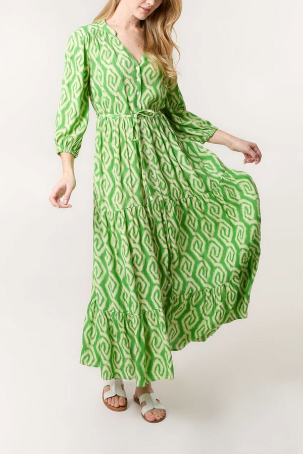 Qed London Aztec Print Tie Front Tiered Dress