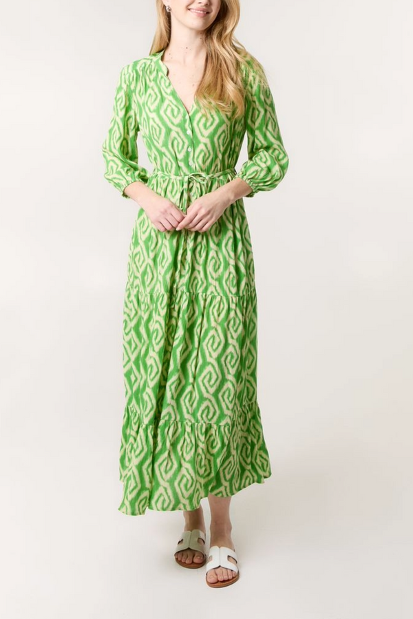 Qed London Aztec Print Tie Front Tiered Dress