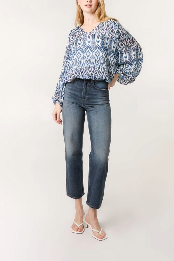 Qed London Aztec Print V-Neck Puffball Blouse