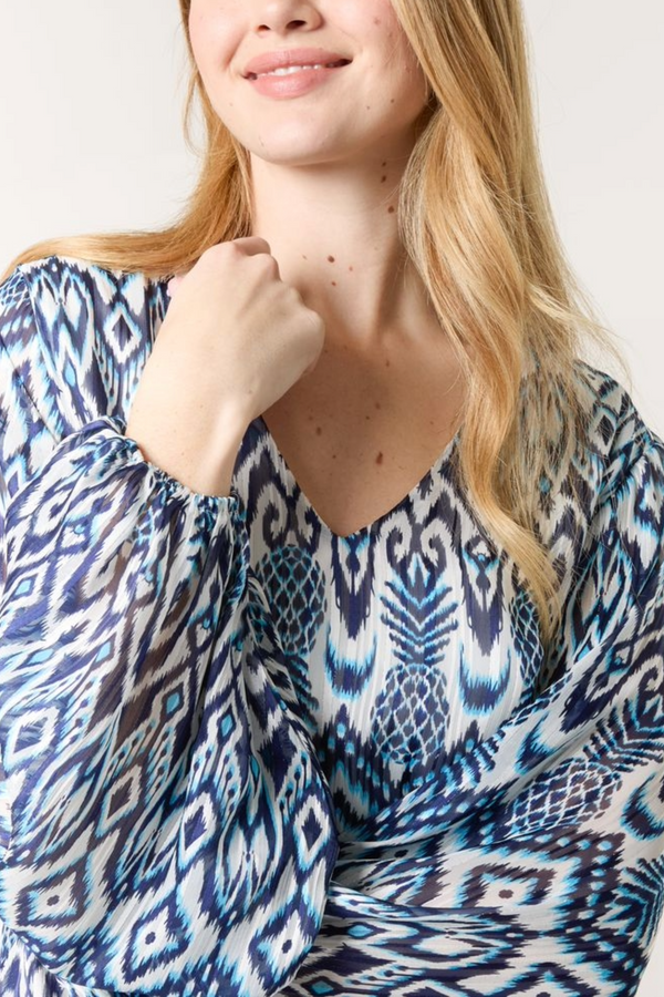 Qed London Aztec Print V-Neck Puffball Blouse