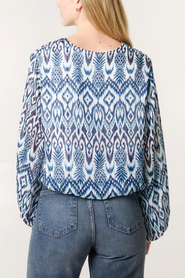 Qed London Aztec Print V-Neck Puffball Blouse