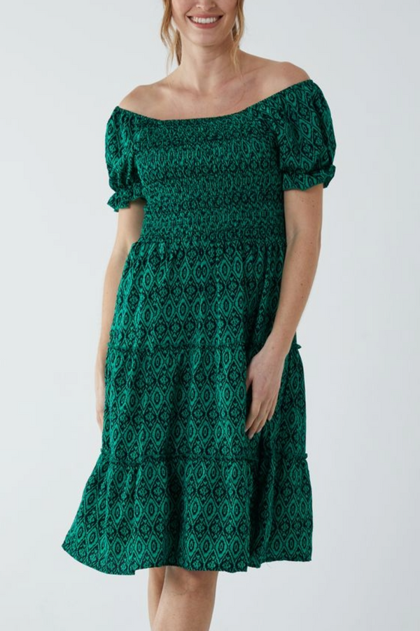 Qed London Aztec Puff Sleeve Bardot Shirred Dress