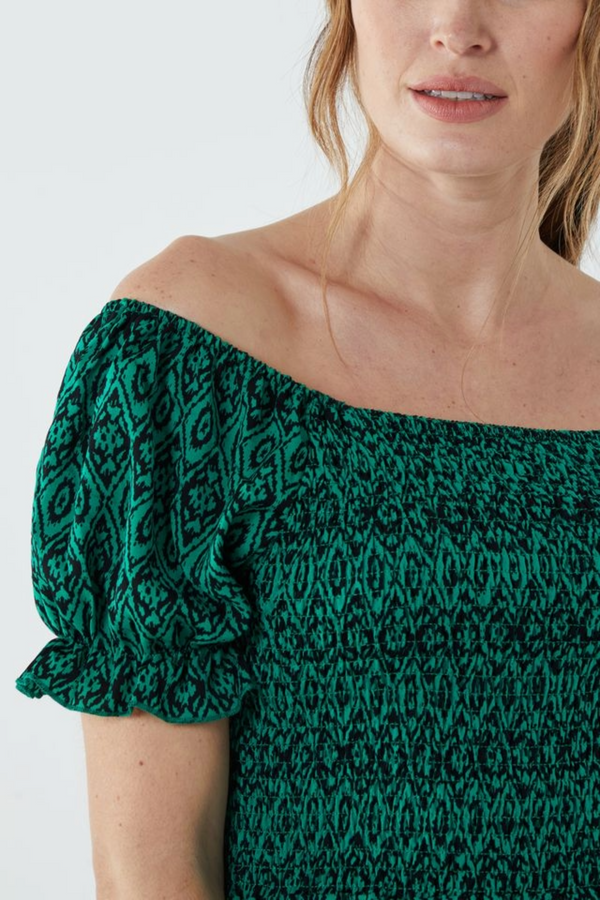 Qed London Aztec Puff Sleeve Bardot Shirred Dress