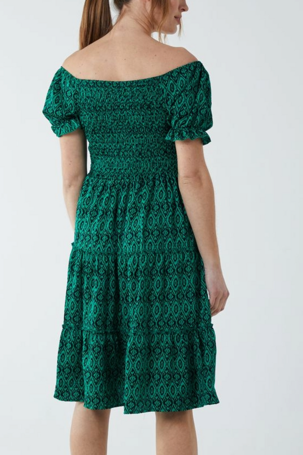 Qed London Aztec Puff Sleeve Bardot Shirred Dress