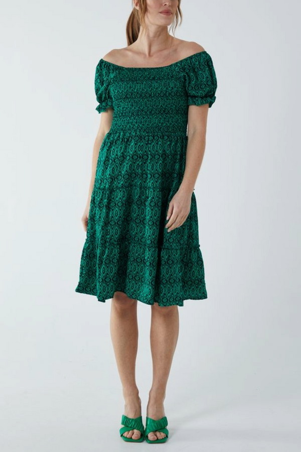 qed london Aztec Puff Sleeve Bardot Shirred Dress