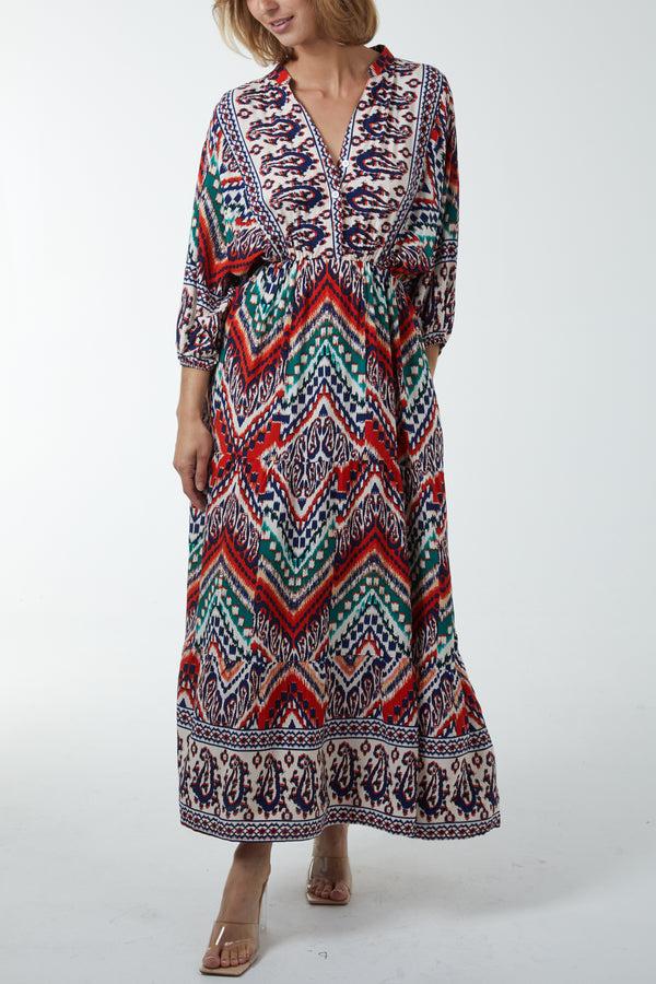 qed london Aztec V-Neck Tiered Maxi Dress