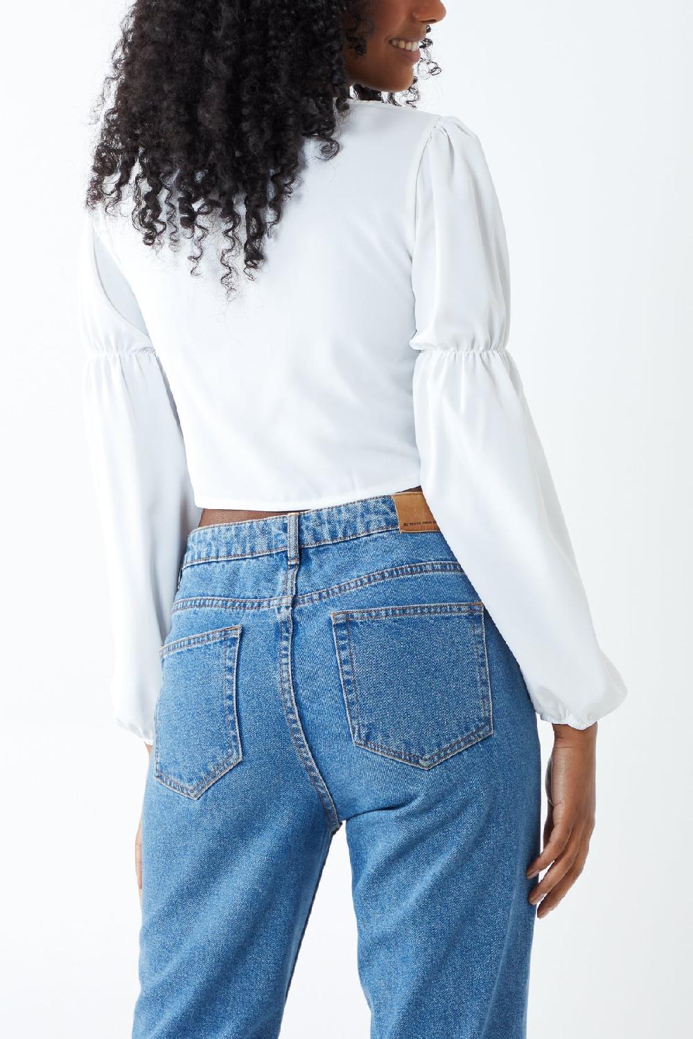 Qed London Balloon Sleeve Shirred Crop Top