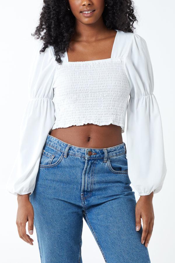 qed london Balloon Sleeve Shirred Crop Top