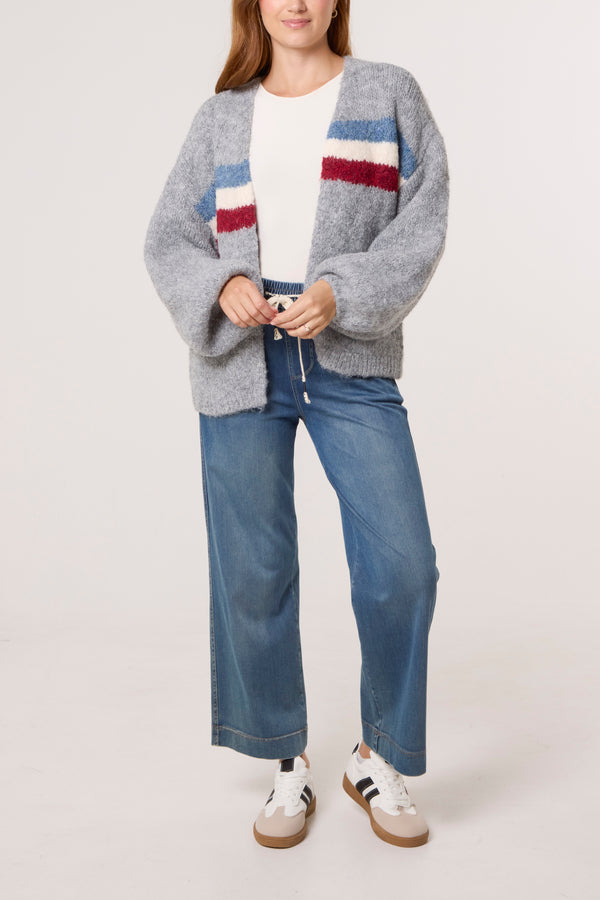 Qed London Balloon Sleeve Stripe Knit Cardigan