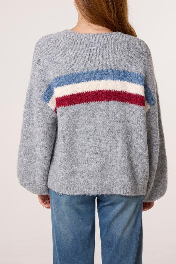 Qed London Balloon Sleeve Stripe Knit Cardigan