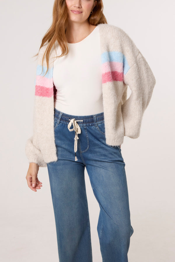 Qed London Balloon Sleeve Stripe Knit Cardigan