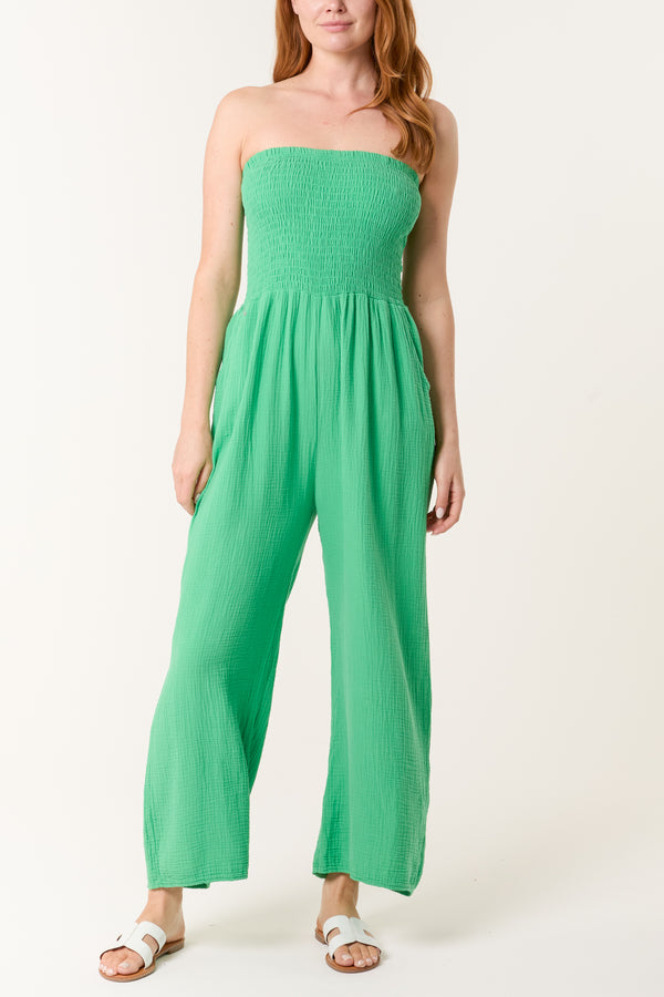 Qed London Bandeau Wide Leg Cheesecloth Jumpsuit