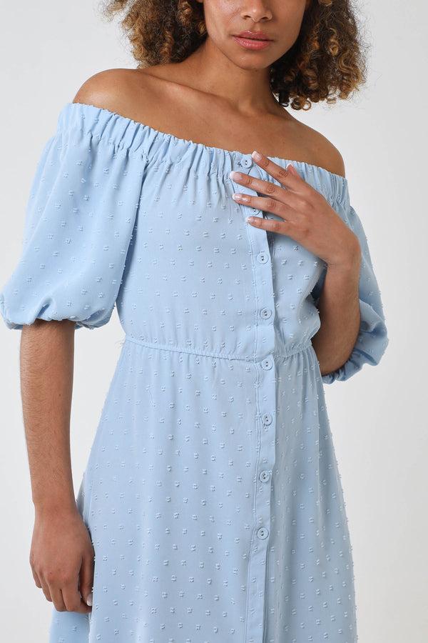 Qed London Bardot Button Through Spot Midi Dress