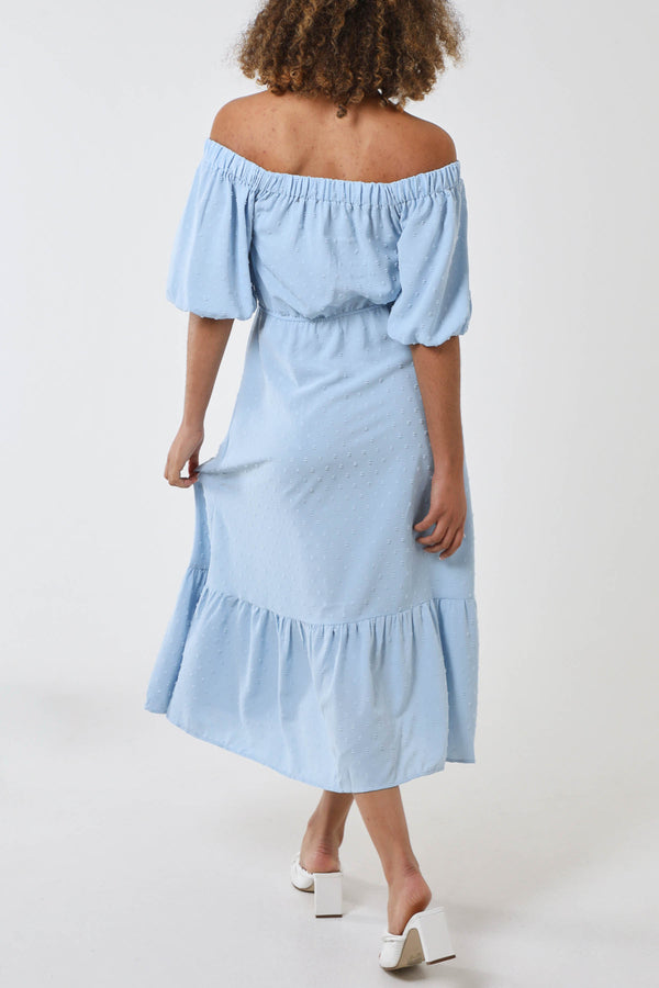 Qed London Bardot Button Through Spot Midi Dress